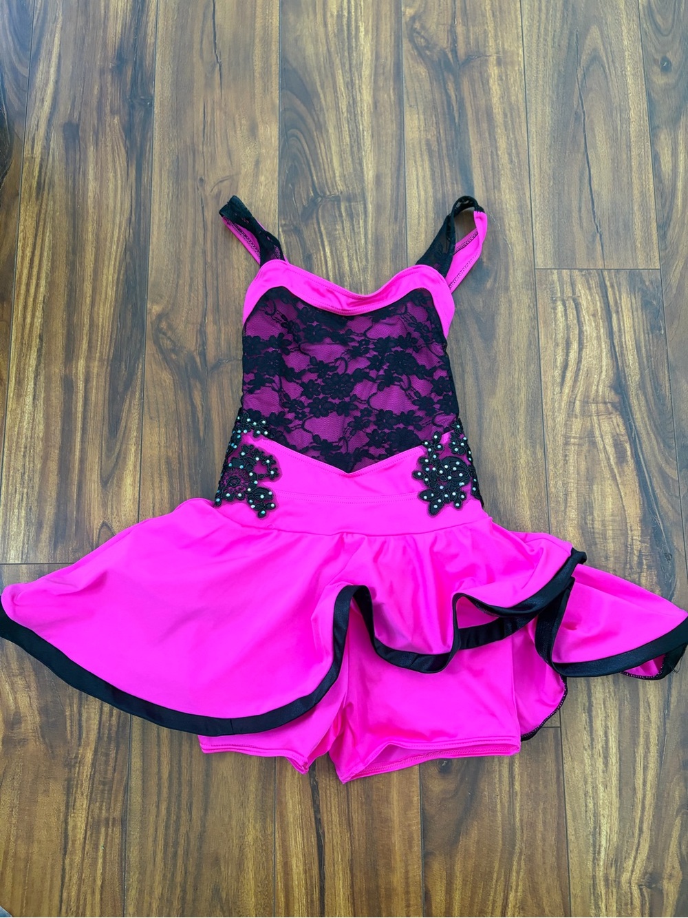 Weissman Hot Pink and Black Lace Nearly New Dress & New Hair Piece Youth Large